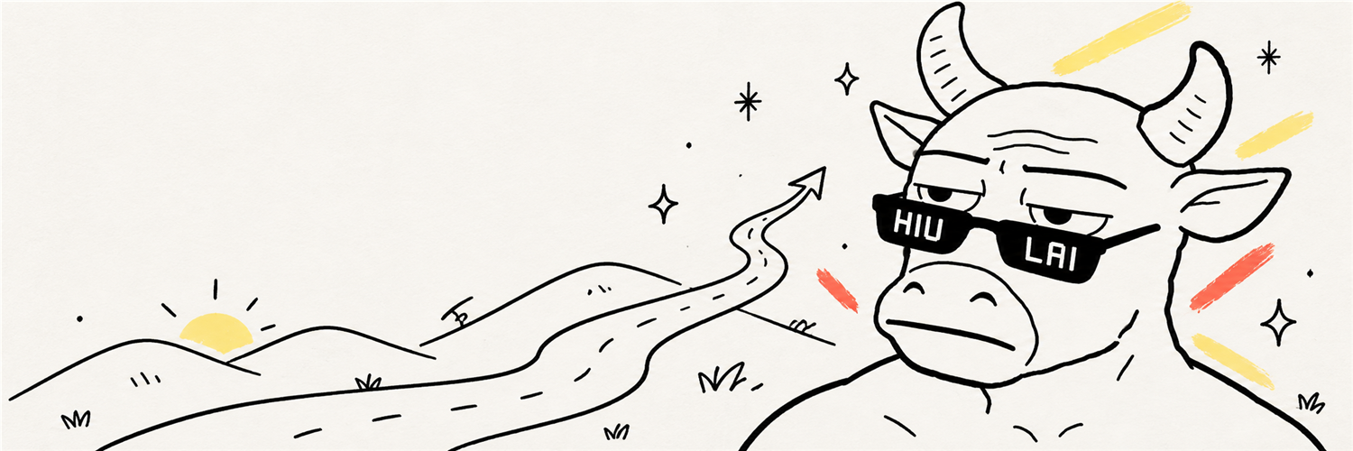 Niu Lai Jak beside a winding road, drawn in black ink with yellow and red accents