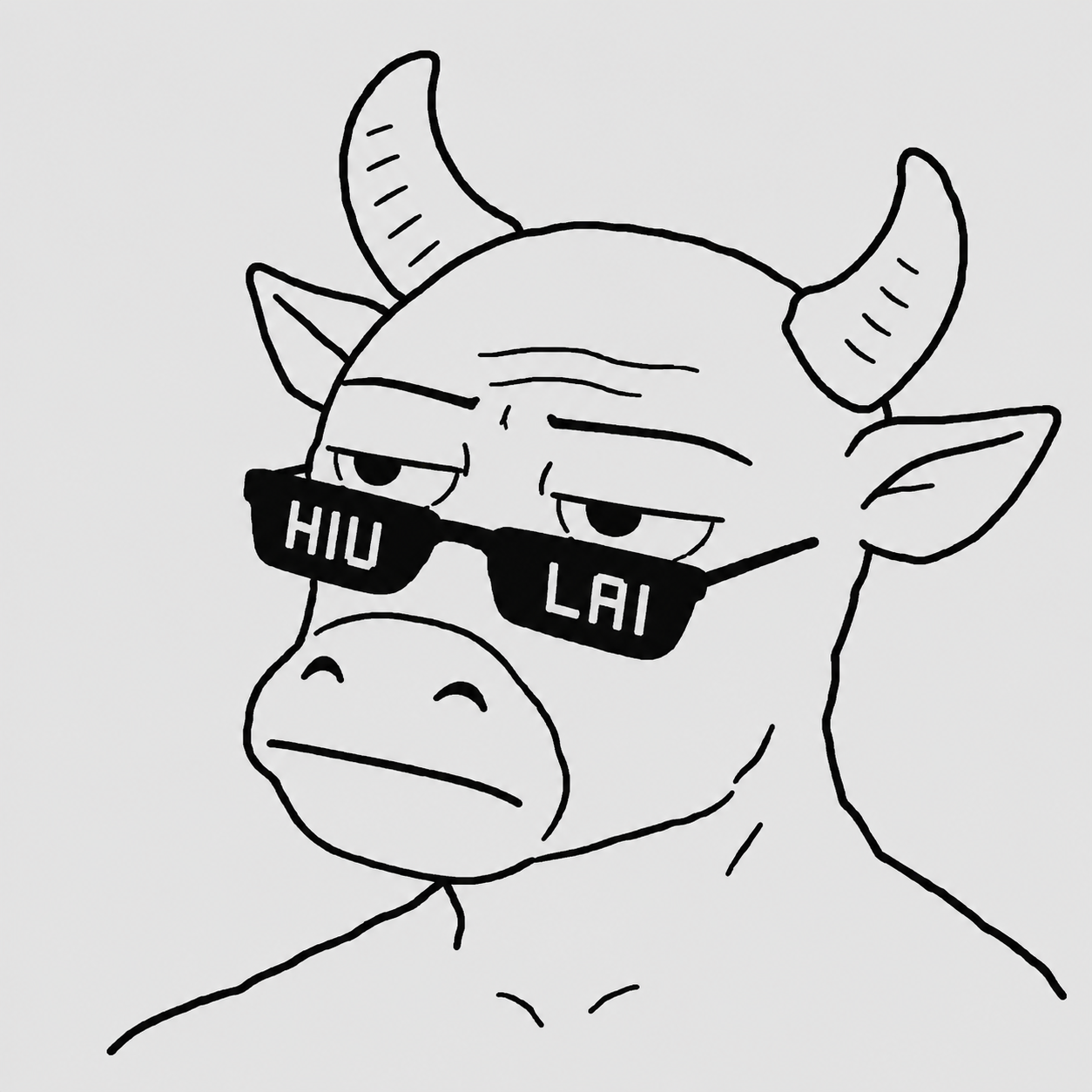 Original sketch of Niu Lai Jak, a horned cow in HIU LAI glasses